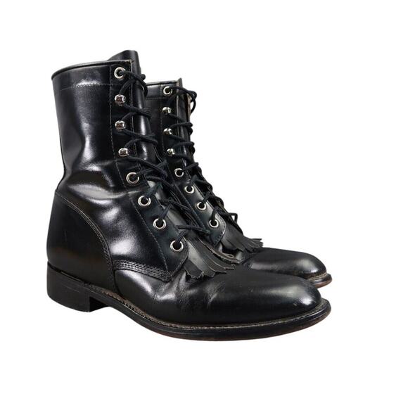 Justin Boots Shoes - Justin Boots Women 6.5 Diamond J Lace Western Leather Black Classic Kiltie Retro